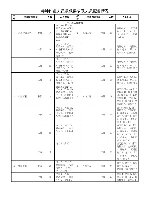 特种作业人员最低要求及人员配备情况