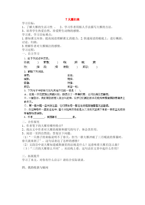 《大雁归来》导学案 (推荐)2022年部编版语文精品(含答案)