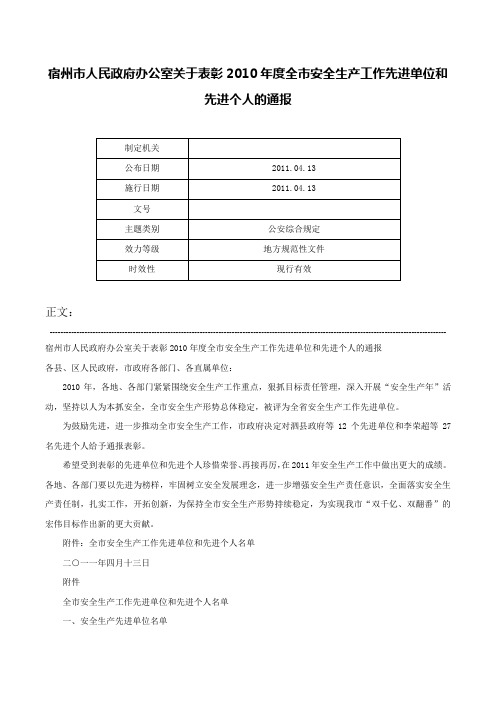 宿州市人民政府办公室关于表彰2010年度全市安全生产工作先进单位和先进个人的通报-