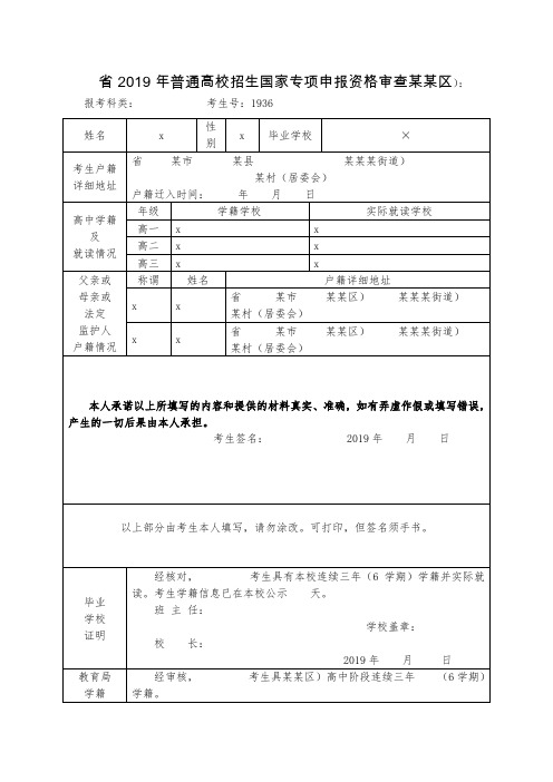 省2019年普通高校招生国家专项申报资格审查表【表格模板】