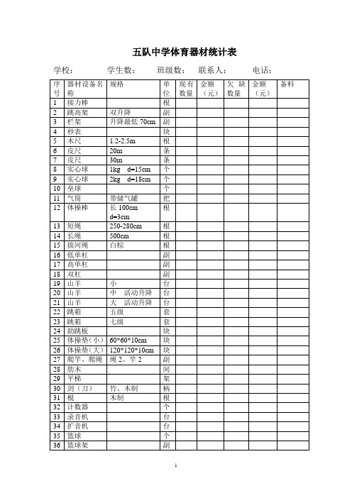 五队中学体育器材统计表