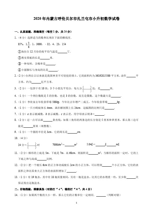 2020年内蒙古呼伦贝尔市扎兰屯市小升初数学试卷(含解析)印刷版