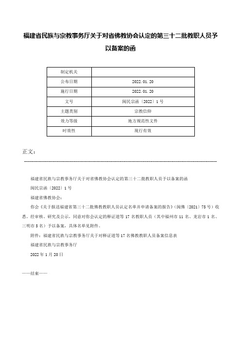 福建省民族与宗教事务厅关于对省佛教协会认定的第三十二批教职人员予以备案的函-闽民宗函〔2022〕1号