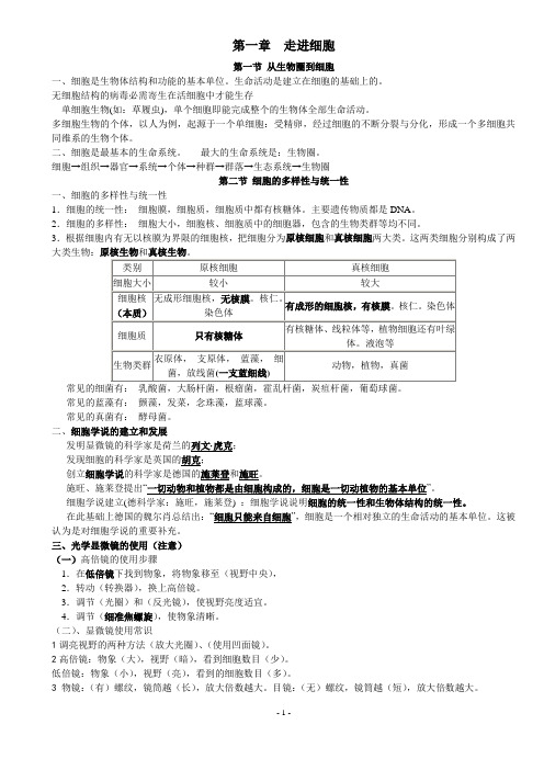 高中生物必修一知识点整理及训练试题