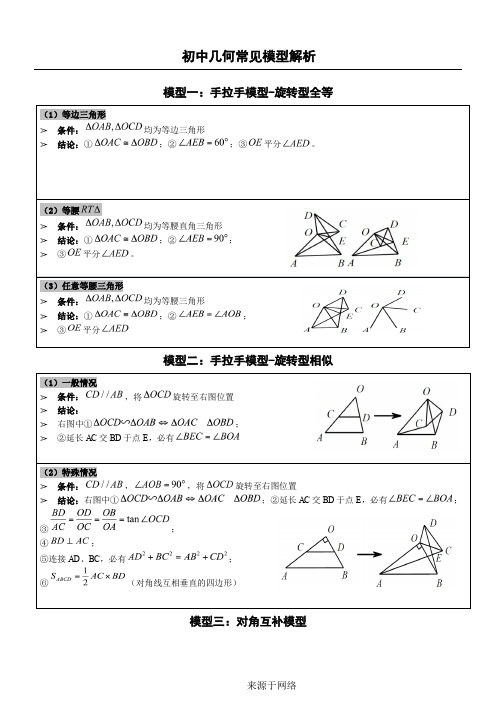 中考数学常见几何模型简介