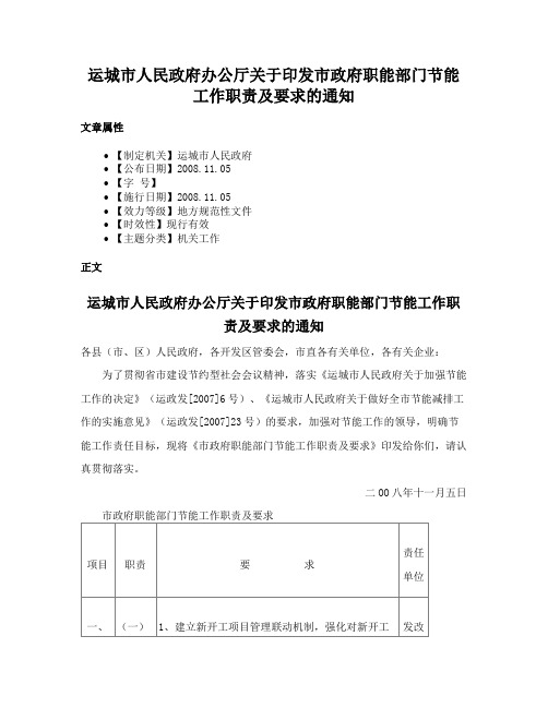 运城市人民政府办公厅关于印发市政府职能部门节能工作职责及要求的通知