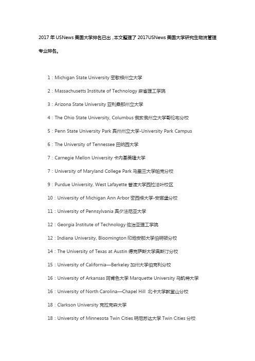 2017年USNews美国物流管理专业研究生排名