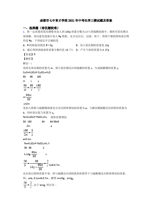 成都市七中育才学校2021年中考化学三模试题及答案