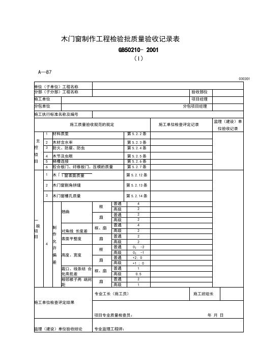 门窗玻璃检验批质量验收记录表