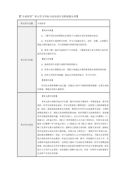 小说欣赏单元学习目标与活动设计及检验提示单