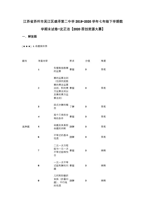 江苏省苏州市吴江区盛泽第二中学2019-2020学年七年级下学期数学期末试卷