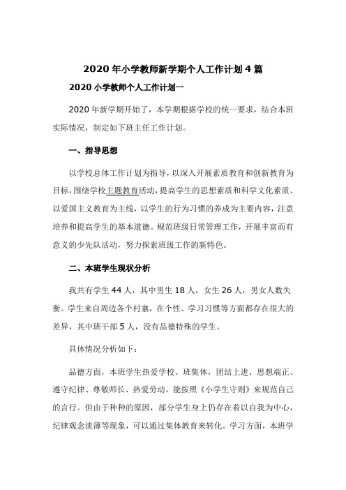 2020年小学教师新学期个人工作计划4篇