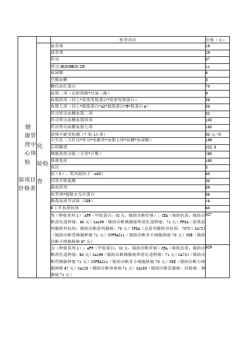 医院健康管理中心体检一部项目价格表