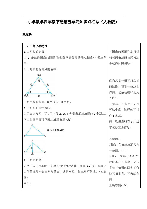 人教版小学数学四年级下册第五单元知识点汇总