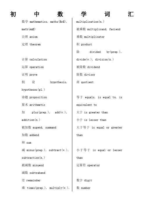 初中数学英语专业术语