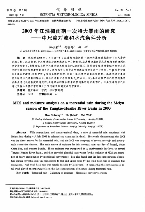 2003年江淮梅雨期一次特大暴雨的研究——中尺度对流和水汽条件分析