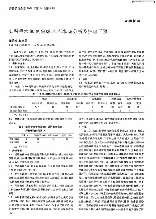 妇科手术80例焦虑、抑郁状态分析及护理干预