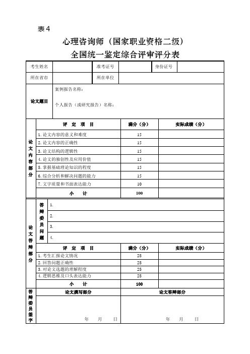 心理咨询师(国家职业资格二级)全国统一鉴定综合评审评分表 精品