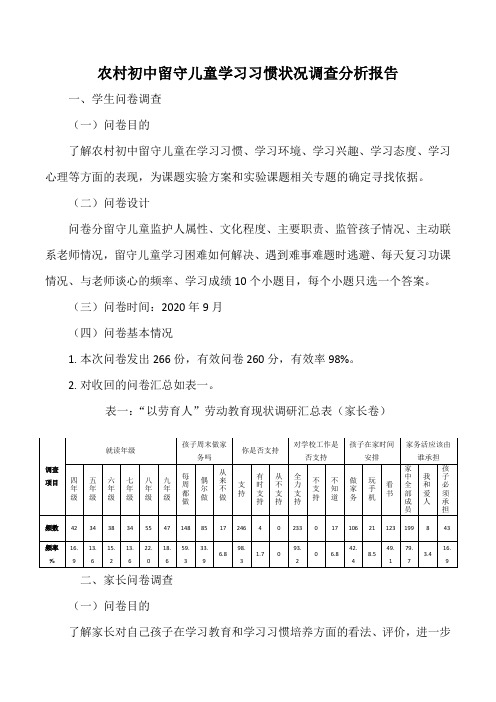 农村初中留守儿童学习习惯状况调查分析报告