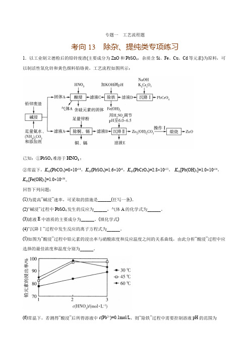 考向13除杂提纯类专项练习-备战2021年高考化学主观题(工艺流程题)答题模板与考向专练(原卷版)