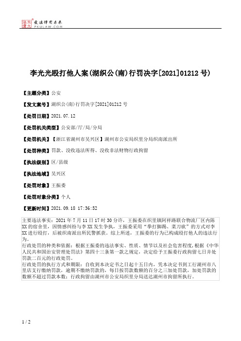 李光光殴打他人案(湖织公(南)行罚决字[2021]01212号)