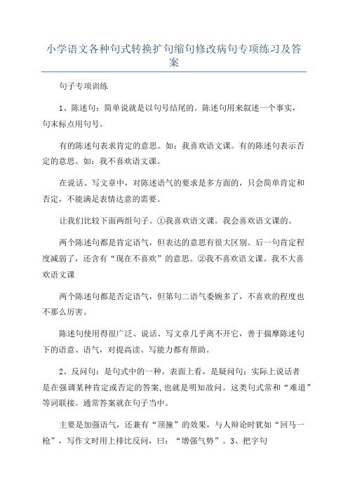 小学语文各种句式转换扩句缩句修改病句专项练习及答案