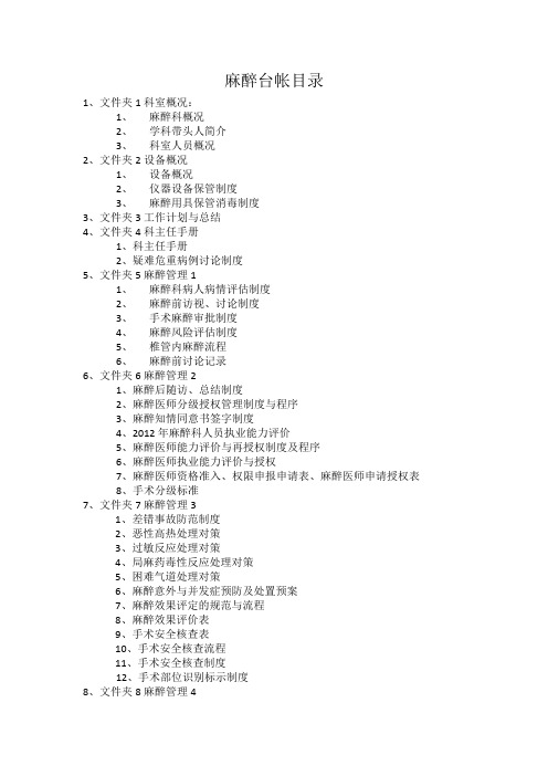 等级医院检查麻醉台帐目录