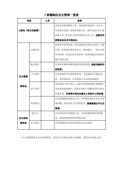 班级精细化管理 一览表