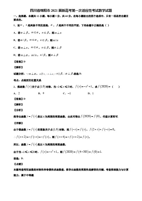 四川省绵阳市2021届新高考第一次适应性考试数学试题含解析