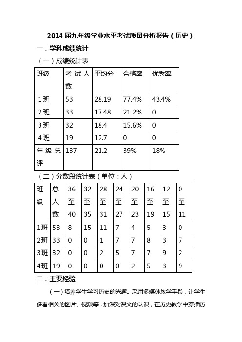 2014届九年级学业水平考试质量分析报告(历史)