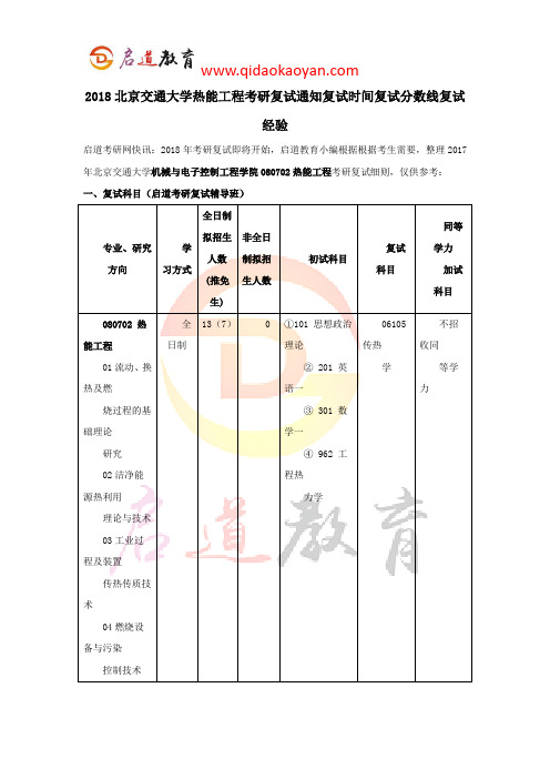 2018北京交通大学热能工程考研复试通知复试时间复试分数线复试经验