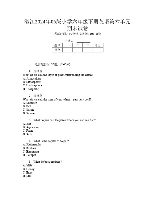 湛江2024年05版小学六年级下册U卷英语第六单元期末试卷