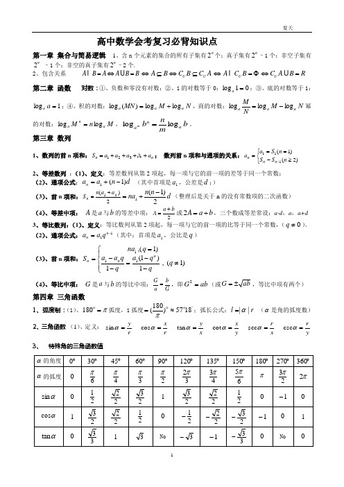 2013年山东省高中数学会考复习必背知识点