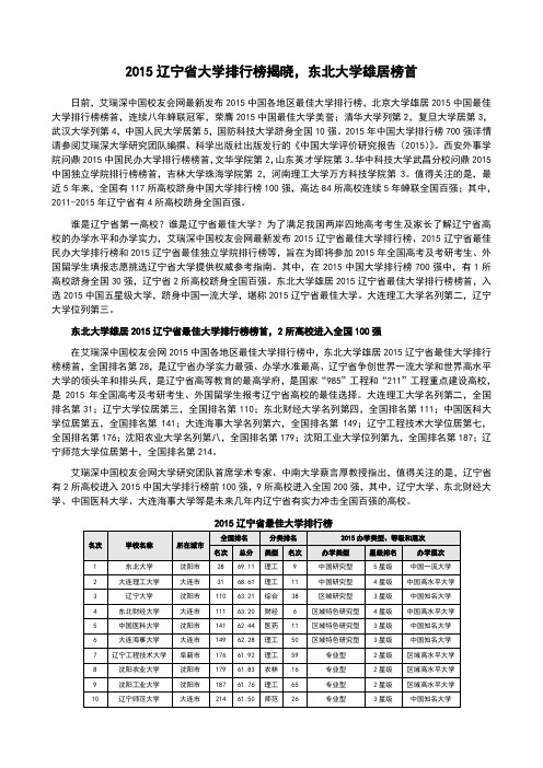 2015辽宁省大学排行榜