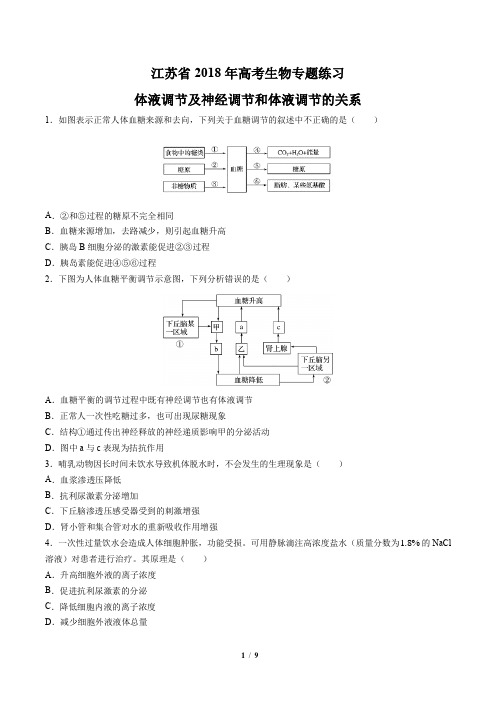 【江苏省】2018年高考生物-体液调节及神经调节和体液调节的关系-专题练习-答案