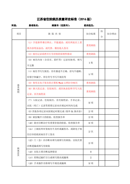 版江苏省住院病历质量评定标准