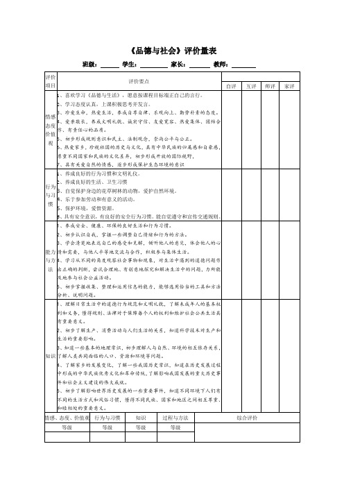 《品德与社会》评价量表