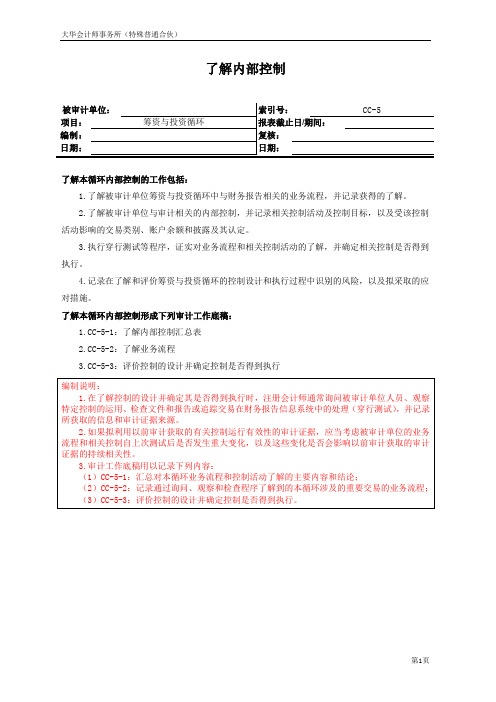 CC-5 筹资与投资循环-了解内部控制汇总表及业务流程