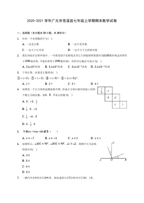 2020-2021学年广元市苍溪县七年级上学期期末数学试卷(含解析)