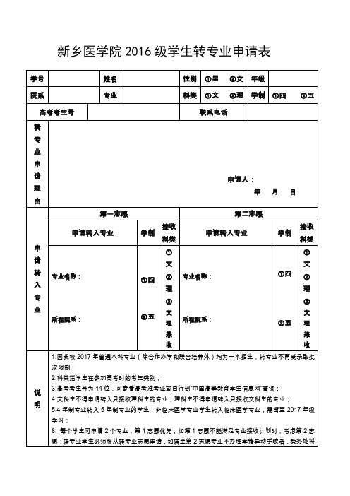 新乡医学院2016级学生转专业申请表