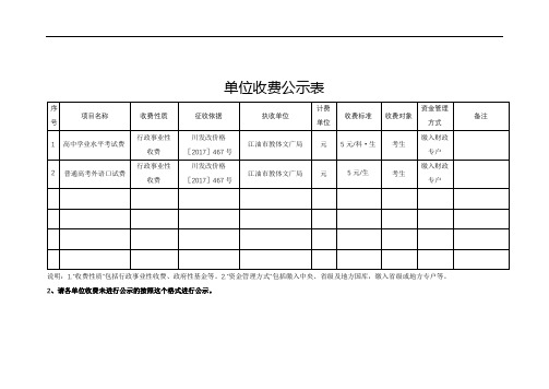 单位收费公示表【模板】