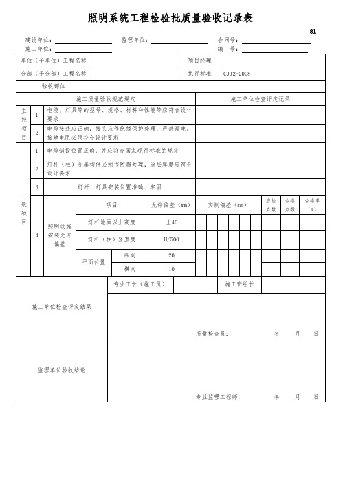 照明系统工程检验批质量验收记录表