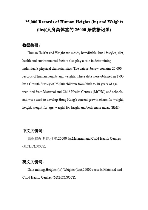 数据挖掘_25,000 Records of Human Heights (in) and Weights (lbs)(人身高体重的25000条数据记录)