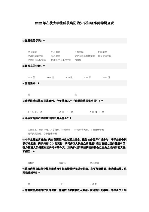 2022年在校大学生结核病防治知识知晓率问卷调查表