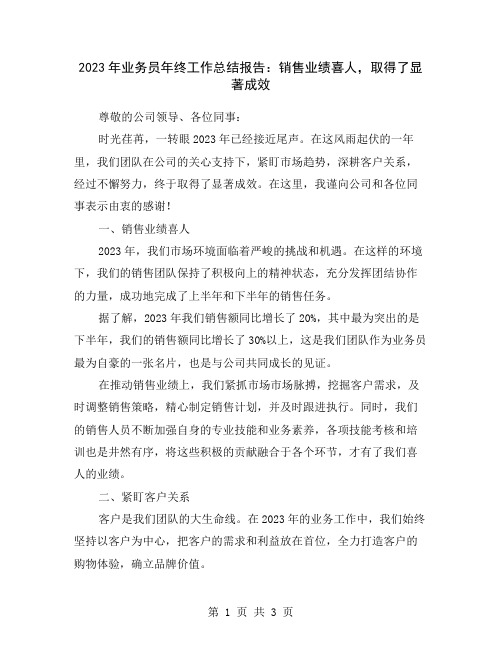 2023年业务员年终工作总结报告：销售业绩喜人,取得了显著成效