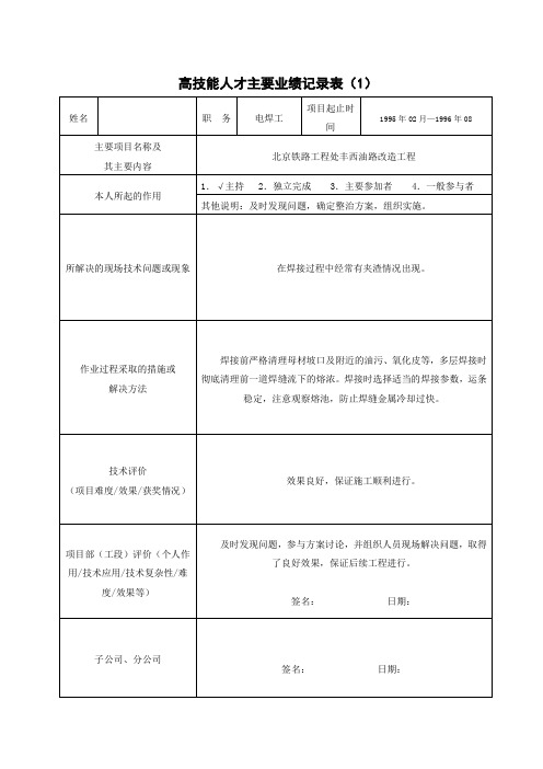 电焊工高技能人才主要业绩记录表