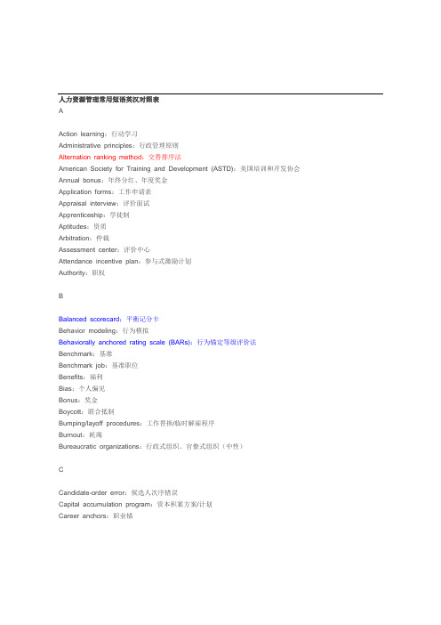 人力资源管理常用短语英汉对照表
