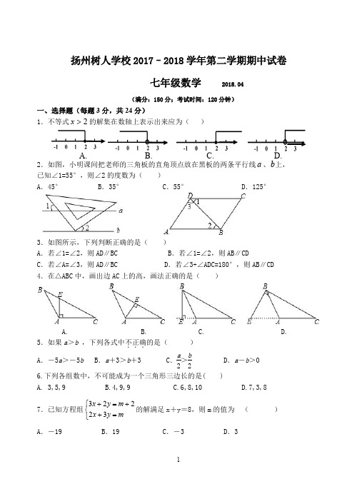 扬州树人学校2017-2018学年第二学期期中试卷七年级数学附答案