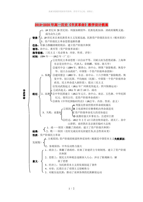 2019-2020年高一历史《辛亥革命》教学设计教案