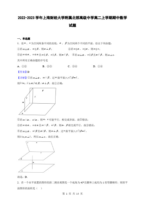 2022-2023学年上海财经大学附属北郊高级中学高二上学期期中数学试题(解析版)